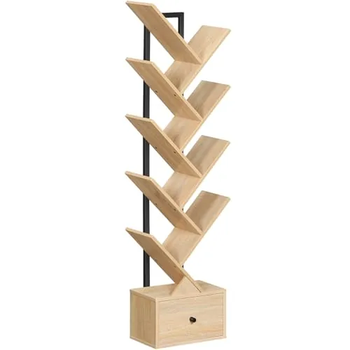 HOOBRO Librería en Forma de Árbol, Libería de Pie con 9 Niveles, Organizador de Libros, Estantería para CD/DVD/Libros, Estilo Vintage, para Salón, Estudio, Madera Natural y Negro EBN18SJ01G1