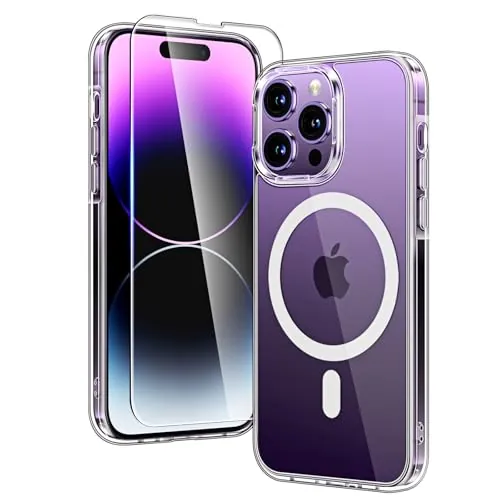 TAURI Funda para iPhone 14 Pro 6.1", Compatible with MagSafe [No Amarillea] con HD Protectores de Pantalla, [Protección de Grado 15 FT] Mejorada Protección Anti-Arañazos Case - Transparente