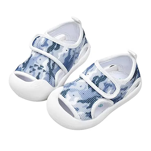 Rubu22a - Zapatos de verano para bebés, niñas y niños, sandalias de suela plana, antideslizantes, puntera semiabierta, transpirables, suaves, azul, 21 EU