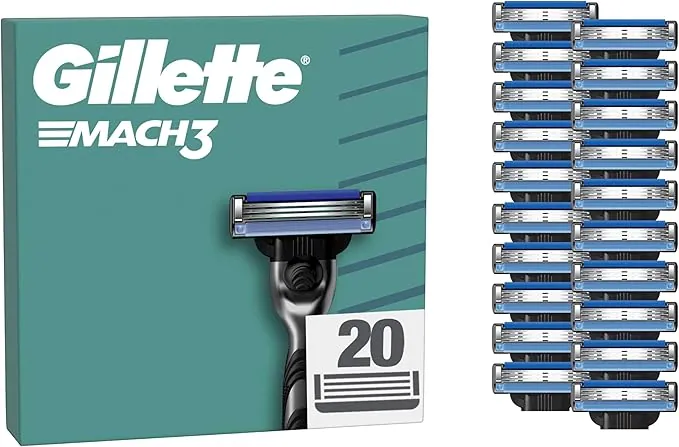 Gillette Mach3 Base Pack de 20 Recambios Para Maquinillas De Afeitar Para Hombre, Cuchillas de Afeitar Con 3 Hojas y Banda Lubricante, Compatible Con Todos Los Mangos Mach3