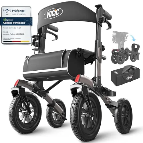 VOCIC Andador para ancianos,Andadores adultos con cesta y asiento y 4 ruedas,Andador plegable ligero, Aluminio ajustable en altura para exteriores y viajes, Gris (5 años de garantía)