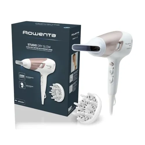 Rowenta Studio Dry CV5830 Secador de pelo 2300 W, Tecnología Effiwatts, 6 ajustes de velocidad/temperatura, Termocontrol, generador iónico, aire frío, difusor, cable 1.8 m, Blanco