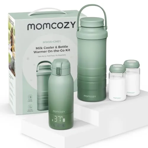 Momcozy Set Calienta Biberones MW05 y Enfriador Leche Materna CM01 500ml con Conservación de Leche Materna 24h, Portátil para Lactancia y Viajes
