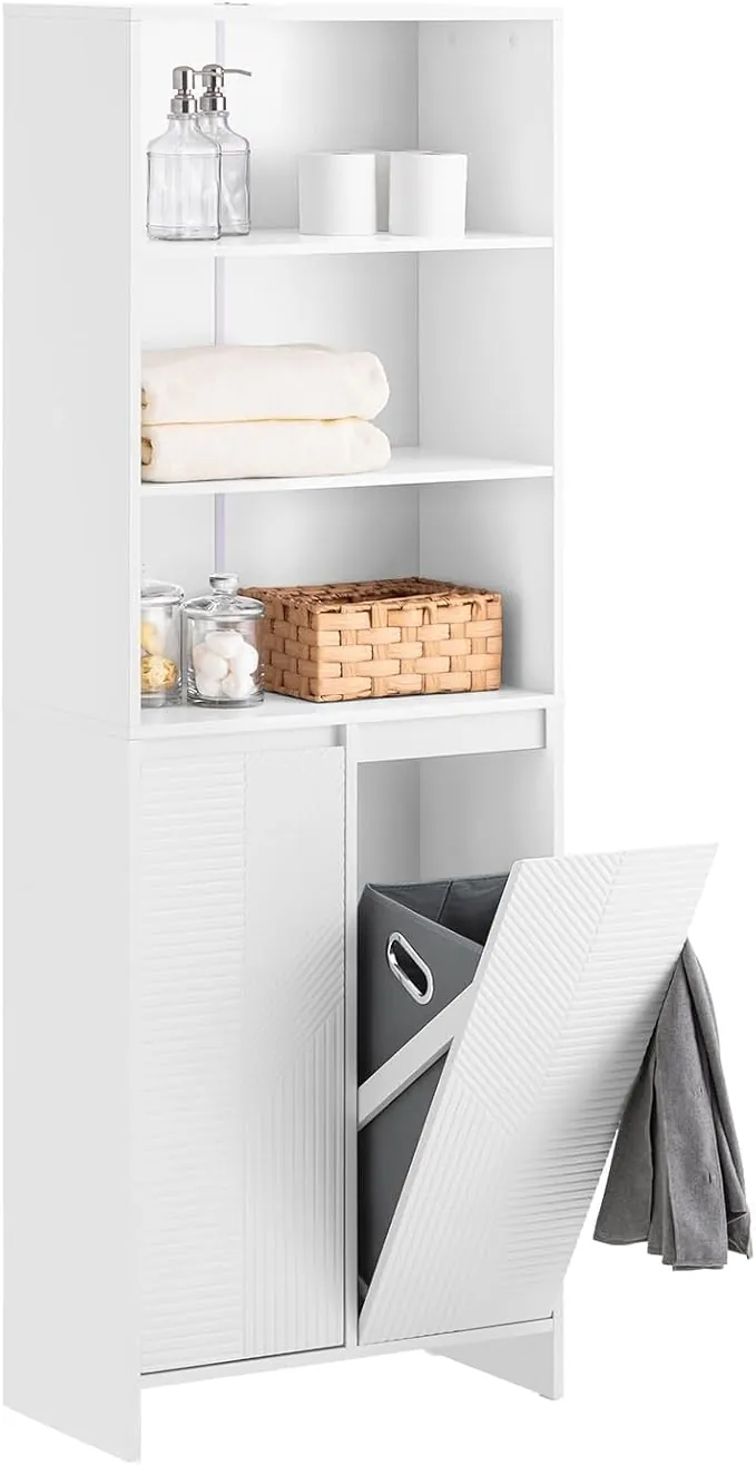 SoBuy Mueble Auxiliar Baño con Cesto para Ropa Sucia, Armario Lavadero Alto Estrecho con Puertas y Estantes Abiertos, Mueble Columna Baño Blanco 60x30x171cm BZR155-W