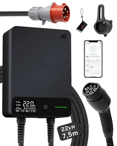 dé Estación de Carga Coche Electrico 22kW App [6-32A, Trifásico] Wallbox 22kW con Cable Tipo 2 7,5 m, RFID, Estación de Carga con RCD Tipo-B y Protección ip54 para Model Y/3 y Otros BEV/PHEV