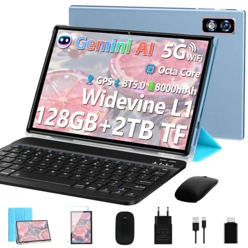 2026 Último Tablet 10 Pulgadas Android Gemini AI, 22GB+128GB/TF 1TB, Batería 8000mAh, 5+8MP, Octa-Core 2.0GHz, 5G WiFi, Bluetooth5.0, Widevine L1, GPS, GMS, Tablet con Funda, Teclado y Ratón - Azul