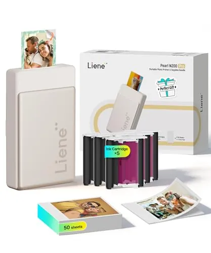 Liene Pearl N200 Pro Impresora de Fotos Portátil Mini, Sublimación Térmica, Incluye 50 Papeles Adhesivos (5x7.6 cm) y 5 Cintas, Bluetooth 300 dpi, para iOS/Android, con Batería, en Dorado.
