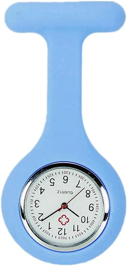 TRIXES Reloj de bolsillo para enfermeras, llavero de silicona azul cielo con esfera blanca, diseñado para profesionales de la atención, cierre de broche fuerte