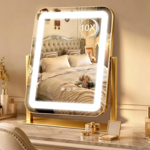 Ratsamee Espejo Maquillaje con Luz, Espejo Tocador 3 Modos de Luz, Intensidad Ajustable, Control Táctil, Giratorio 360°, Accesorio de Aumento Incluido, 32 x 37cm, Dorado