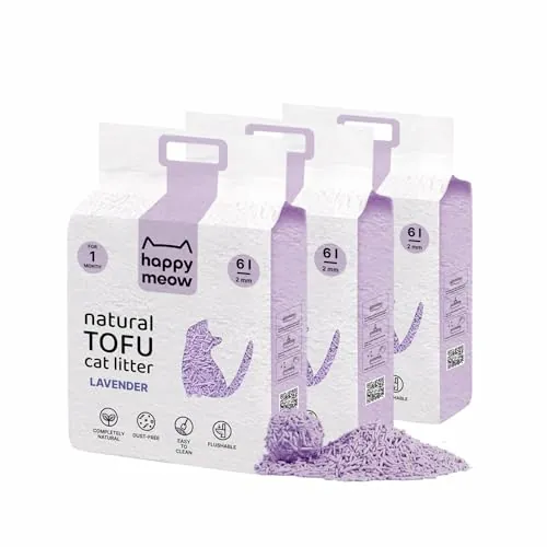 HAPPY MEOW Arena de Tofu para Gatos (18L/7,5Kg) - Natural y Biodegradable - Aglomerante Instantáneo, Bajo en Polvo, Control de Olores Duradero, Ultra Absorbente, Desechable en el Inodoro (Lavanda)