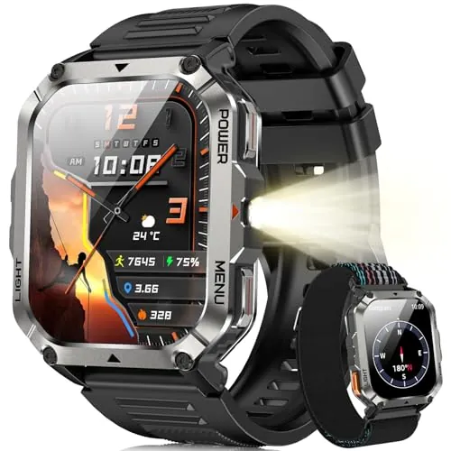 Blackview Reloj Inteligente Hombre Militar - Linterna y Brújula, 2.01"Smartwatch Hombre con 100+ Modos Deportivos, Llamadas Bluetooth/Notificación, Pulsómetro/Oxímetro/Sueño, Pulsera Actividad, Negro