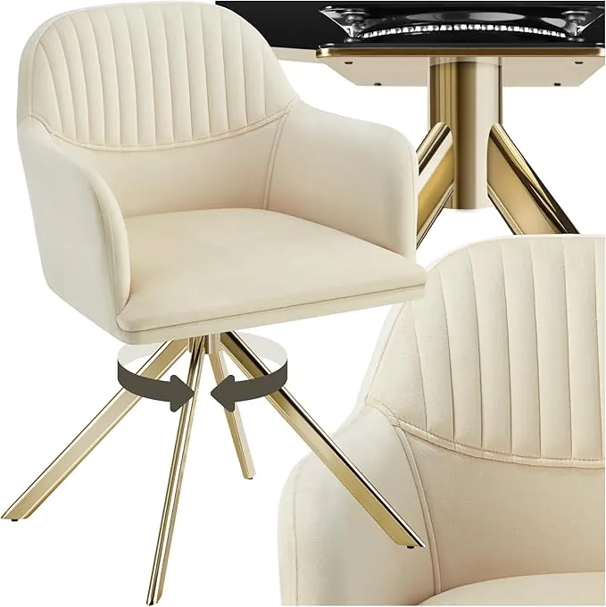 tectake® Silla Giratoria Tapizada con Respaldo Continuo, Patas de Acero Giratorias 360º, Silla Dormitorio, Butacas de Salon, Sillas Comedor, Silla Comedor Nordica - 1 Silla Crema/Oro