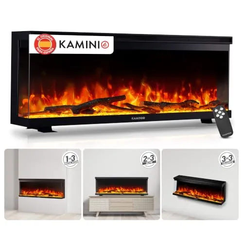 KAMINIO® Lea Pro 42 Chimenea eléctrica Decorativa con Calefactor | 3 en 1 chimenea empotrable, colgante o de pie, vista panorámica con efecto fuego, termostato y mando a distancia, negro