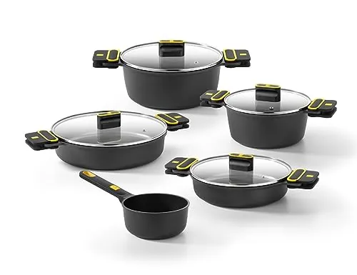 BRA Daily Pro | Batería 9 Piezas Aluminio Fundido, Inducción | Negro y amarillo, aluminio fundido, Antiadherente tricapa, apta para todo tipo de cocinas, inlcuida inducción
