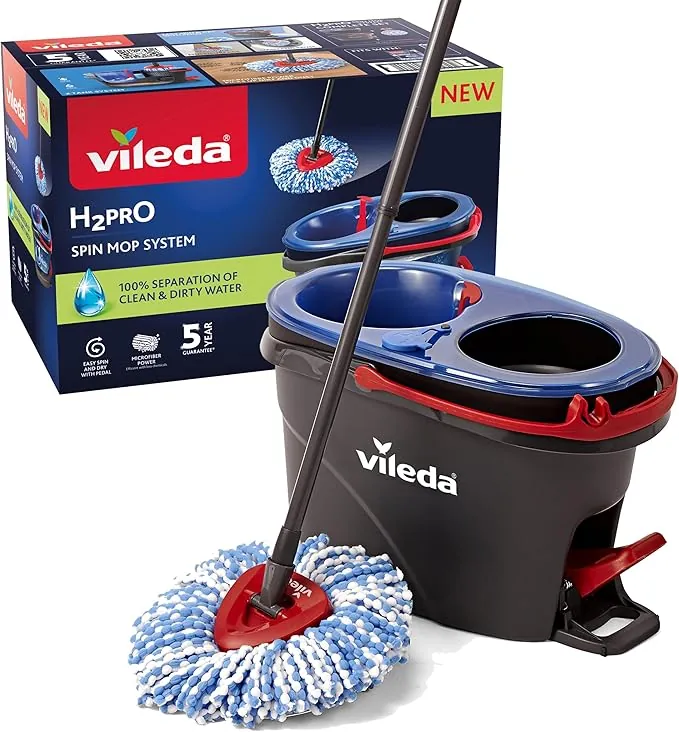 Vileda H2PrO Spin mop, Sistema de fregado, Doble depósito de separación de Agua, Escurrido sin Esfuerzo, Limpieza con Microfibra, Manos Libres, Diseño ergonómico, Color Gris Rojo y Azul