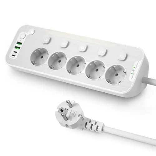 Regleta Enchufes de Escritorio, Enchufe Multiple USB C de Mesa, Ladron Enchufes con Interruptor, Metal Regleta Proteccion Sobretension con Luz LED-Nocturna, 5 Tomas de Esquina 2M Cable, Blanco