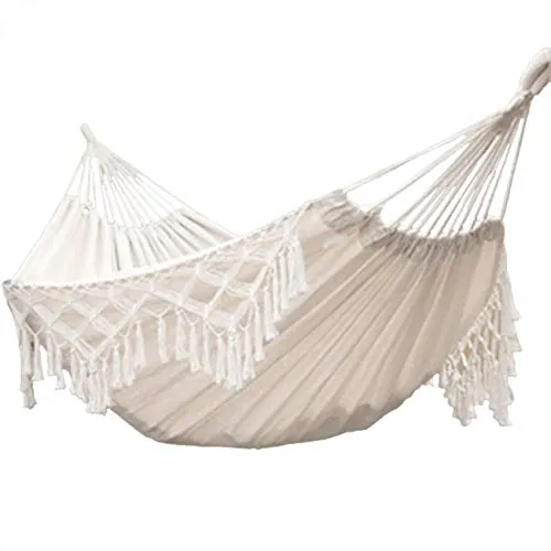 Hamac de Jardin Hamaca Colgante Doble de Algodón con Flecos para Colgar en la Playa o en el Patio Exterior Hamaca Bbrasileña (Crudo, 240cm*150cm,MAX Load 450lbs 50)