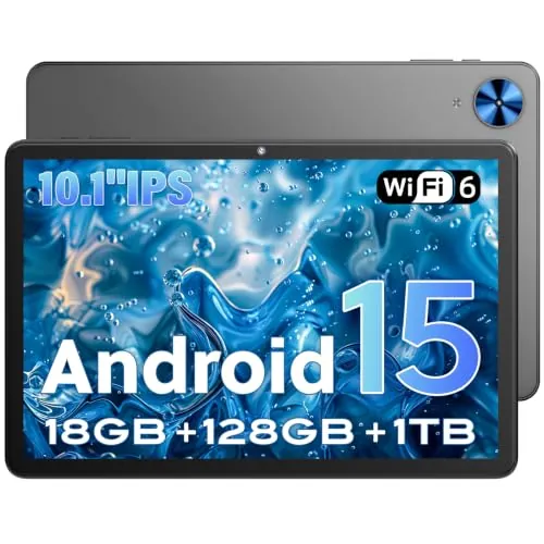 UBDXBD Tablet Android 15 10.1 Pulgadas, 18GB RAM (6+12) 128GB, T30 Octa-Core, 1TB TF, Widevine L1, Pantalla IPS HD, 6000mAh, WiFi 2.4/5G, Face ID, GMS, Cámara Dual, Gris