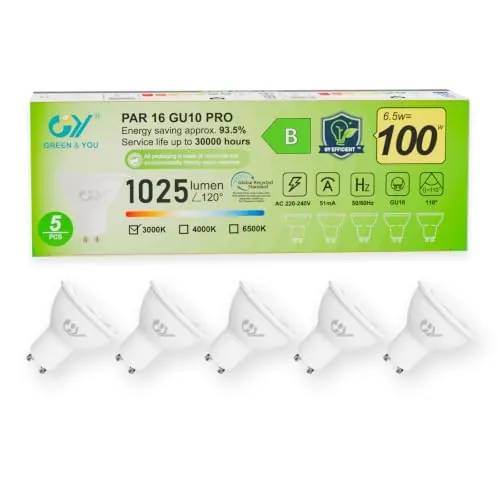 GY Bombilla LED GU10 6.5W (Eq. 100W) 1025LM 3000K Blanco Cálido, No Regulable, 110 Grados Ángulo de haz - Bombillas GU10 LED Pack de 5