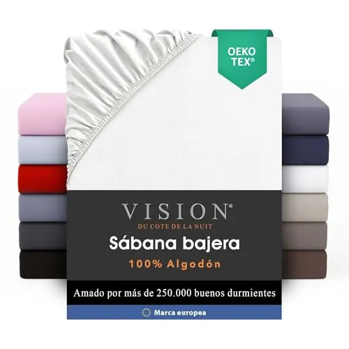 VISION Sábana Ajustable - 100% algodón - Cama Doble (150 x 200 cm) - Esquinas elásticas - Se Adapta a colchones de hasta 30 cm - Certificación Oeko-Tex - Lavable a máquina - Color: Blanco