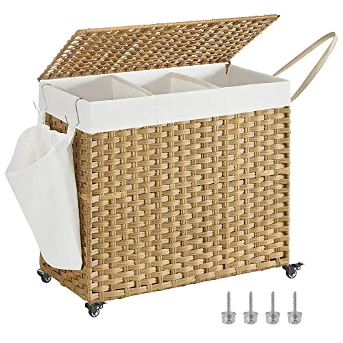 SONGMICS Cesto Ropa Sucia con Tapa, 160 L, Cesta Colada Estilo Ratán con Ruedas, con 3 Compartimentos, Bolsa Interior Extraíble, para Lavandería, Dormitorio, 70 x 36 x 66 cm, Natural LCB365N01