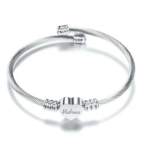 Krifton Inolvidable Familia en Forma de Corazón Plateado Pulsera de Puño Ajustable Regalo Hija Hijo Mamá Papá Abuela Pareja Cumpleaños Madre día de San Valentín Navidad Recordatorio Joyas (Madrina)