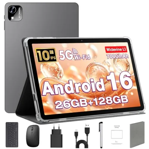 Android 16 Tablet 10 Pulgadas en Teclado, Ratón & Lápiz, CPU Unisoc T606, 26 GB RAM + 128 GB ROM + 1 TB TF, Pantalla IPS HD 1280x800, Cámara Dual, 7000 mAh, WiFi 6, BT 5.0, Widevine L1 (Funda Gris)