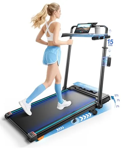 Cinta de Correr Plegable, 6 en 1 Cinta de Correr con Inclinación 3 Niveles(2%-7%-12%), Motor 3.0 HP, Velocidad 1-12 km/h, Manillar Extensible 15 cm, Cinta de Andar con Cinta RGB, App, Carga 150 kg