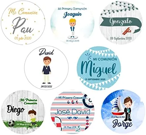 Etiquetas Personalizadas para Comunión de Niño de 5cm Adhesivas o Cartulina con Cordón