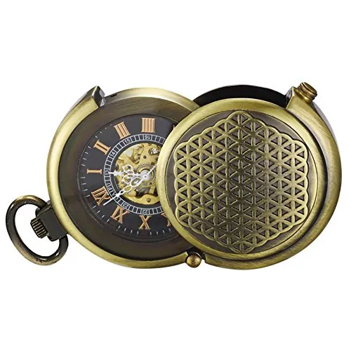 TREEWETO - Reloj de Bolsillo único de Bronce Hueco de Esqueleto mecánico para Hombres Mujeres con Cadena, Bronce, Bronce