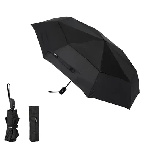 Amazon Basics Paraguas compacto de viaje automático, resistente al viento, con sistema de ventilación antiviento, Redonda, Negro, tamaño único, 28 x 98 cm