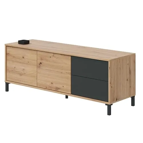 Habitdesign Modulo de TV 2 Puertas y 2 Cajones, Mueble TV, Modelo Brooklyn, Acabado en Roble Nodi y Gris Antracita, Medidas: 130 cm (Ancho) x 47 cm (Alto) x 41 cm (Fondo)