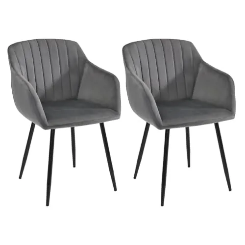 Goeurvant Pack de 2 Sillas de Comedor con Reposabrazos, Sillas Tapizadas de Terciopelo con Patas Metálicas, Modernas Sillón para Salón y Cocina, Gris Oscuro