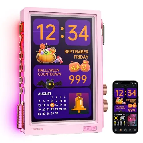 Divoom Times Frame - Marco de Fotos Digital Transparente de 10,1 Pulgadas con WiFi y 64 GB, Pantalla IPS Flotante y botón Giratorio RGB, 400 diales, widgets y Comunidad de Arte de píxeles (Rosa)