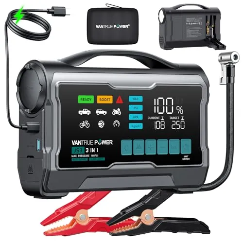 JS3 3250A Arrancador con Compresor Aire 160 PSI, Booster Batería Coche 12V con Pantalla Grande 9", Batería Externa Carga Rápida 65W, Luz LED 400 Lúmenes – para Motores Gasolina 10 L/Diésel 8 L