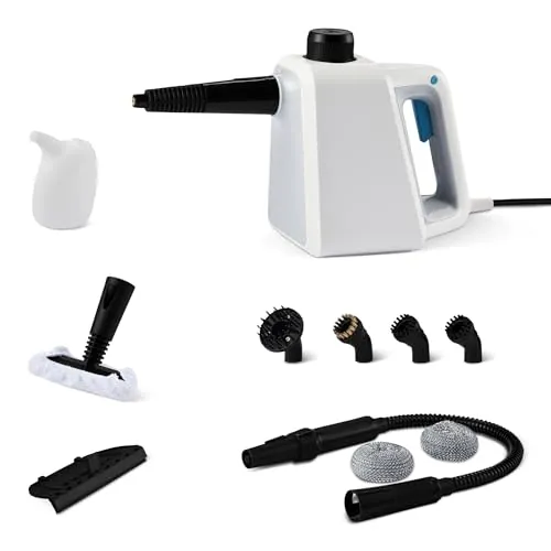 Amazon Basics Limpiador a Vapor Portátil para el Hogar con 9 Accesorios, Potente Chorro de Vapor de 1000W, Depósito de 250ml, Blanco