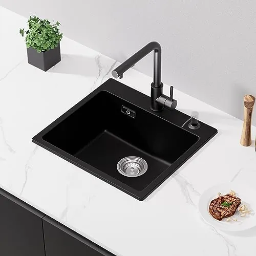 CECIPA FregaderoCocina 50x45cm, Fregadero Cocina Granito, Fregaderos un Seno, Fregadero Cocina Cuarzo 80% Arena con Sifón y Tapa, Negro