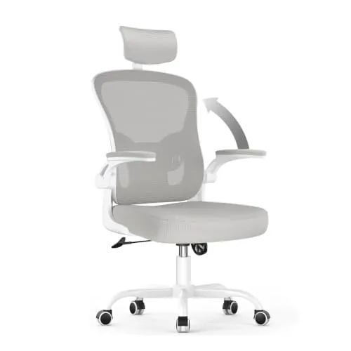 rattantree Silla de Oficina o Escritorio Ergonómica con Reposacabezas Ajustable y Soporte Lumbar, Respaldo de Malla Transpirable, Reposabrazos Abatibles de 90°, Giratoria de 360°, Gris