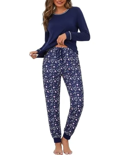 Litherday Pijama Mujer Invierno Largo Bolsillos Cordón Azul Profundo S | Tejido suave con Algodón, manga larga, pantalón con bolsillos y cordón, lavado fácil, casa invierno relax viaje diario