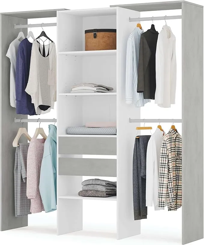 Habitdesign Armario Vestidor con 2 Cajones, Vestidor con Barras y Baldas, Acabado en Blanco Artik y Gris Cemento, Medidas: 179 cm (Ancho) x 202 cm (Alto) x 50 cm (Fondo)