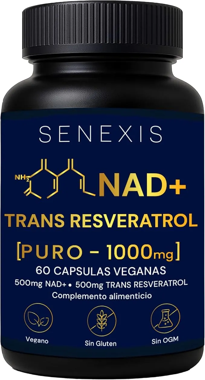 Nad Resveratrol Puro 1000mg, 60 Cápsulas veganas, 500mg NAD + 500mg Trans-Resveratrol, Energía Celular, Antioxidante, Sin Gluten, Sin OGM, sin GMO - Apoyo Mitocondrial, Cognición, Antiedad