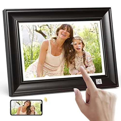 KODAK Marco de Fotos Digital, WiFi Marco Digital de Fotos 10 Pulgadas, FHD 1920*1200 Pantalla Táctil, Madera Portaretratos Digitales con 64GB Memoria, Compartir Imagen, Vídeos a través de la USB o App