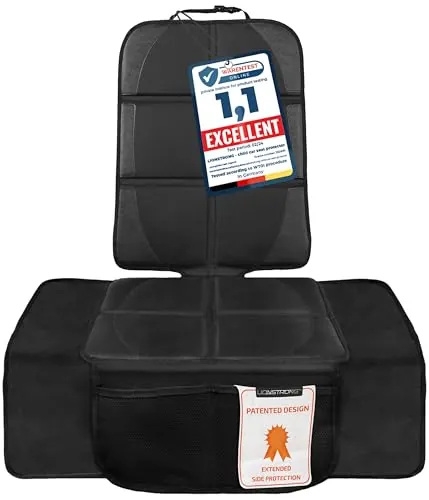 LIONSTRONG Protector Seguro para Asiento Infantil - PROTECCIÓN Extra - Extra Protege tu Coche - Fundas para sillas de Coche - ISOFIX - Negro