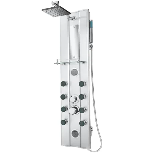 tectake® Columna Ducha con Hidromasaje, Grifo Ducha y de Mano, 10 Chorros Masaje, Diseño Moderno, Fácil Instalación, Anticalcáreo, Duchas de Baño, Estructura de Aluminio - Plateado