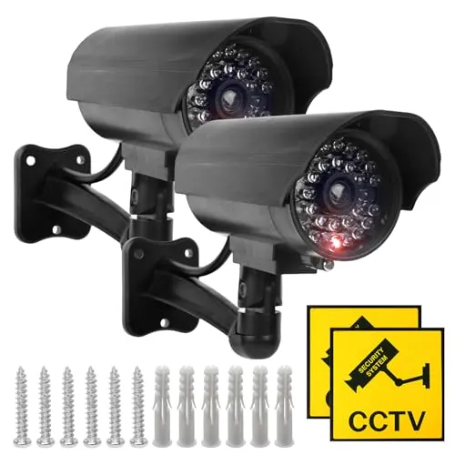 Sporgo Cámara falsa de vigilancia para exteriores con luz LED roja intermitente, 2 unidades, para interiores y exteriores, color plateado