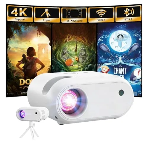 Mini Proyector con Trípode 1080p Soporte WiFi Bluetooth Proyector Portátil, Compatible con Smartphone, HDMI, USB, TV Stick, Inicio Exterior Dormitorio, Blanco