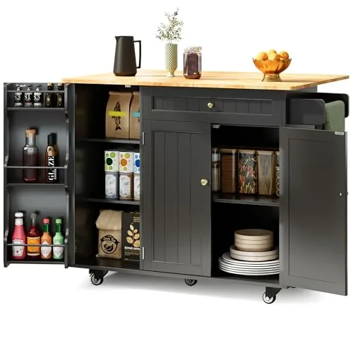Xbro Isla de Cocina con Tablero Plegable y Ruedas, Carrito de Cocina con 5 Ruedas con Estante y 1 Cajón Mueble Auxiliar de Cocina para Cocina y Comedor, 130 × 75 × 88 cm, Negro