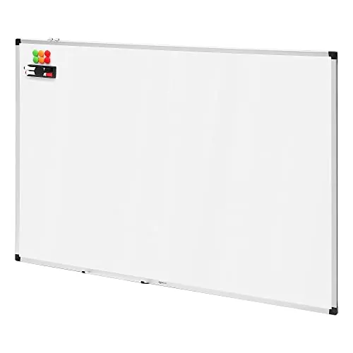 Amazon Basics pizarra magnética blanca con bandeja para rotuladores, borrado en seco, marco de aluminio, tablón de anuncios magnético, montaje en pared; para hogar, oficina y escuela, 150 x 100cm
