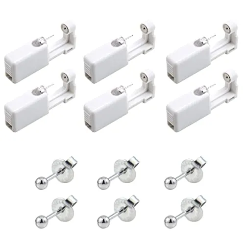 REQAG 6 Paquetes Pistolas Desechables para Piercing de Oreja Blanco Kit de Pistolas de Perforación sin Dolor Portátil Juego de Herramientas de Pistola de Perforación para Niñas, Mujeres, Hombres