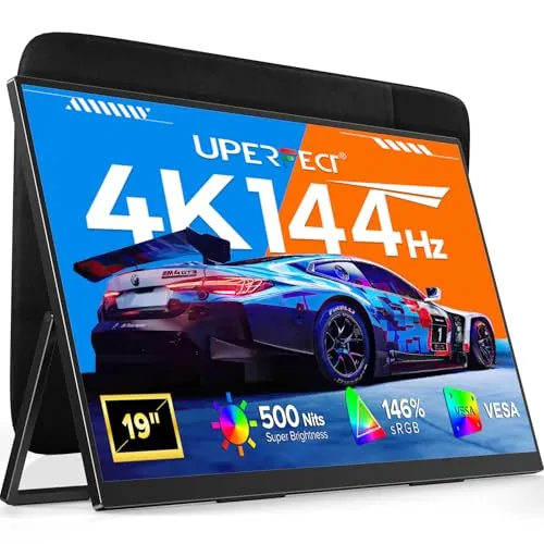 UPERFECT 19" Monitor Portátil 4K 144Hz Gaming Monitor QLED 3840×2160 146% sRGB HDR10 2000:1 500Nits 0.1ms Diseño con Soporte Integrado y VESA, Monitor de Viaje para Laptop, PC y Consola deJjuegos